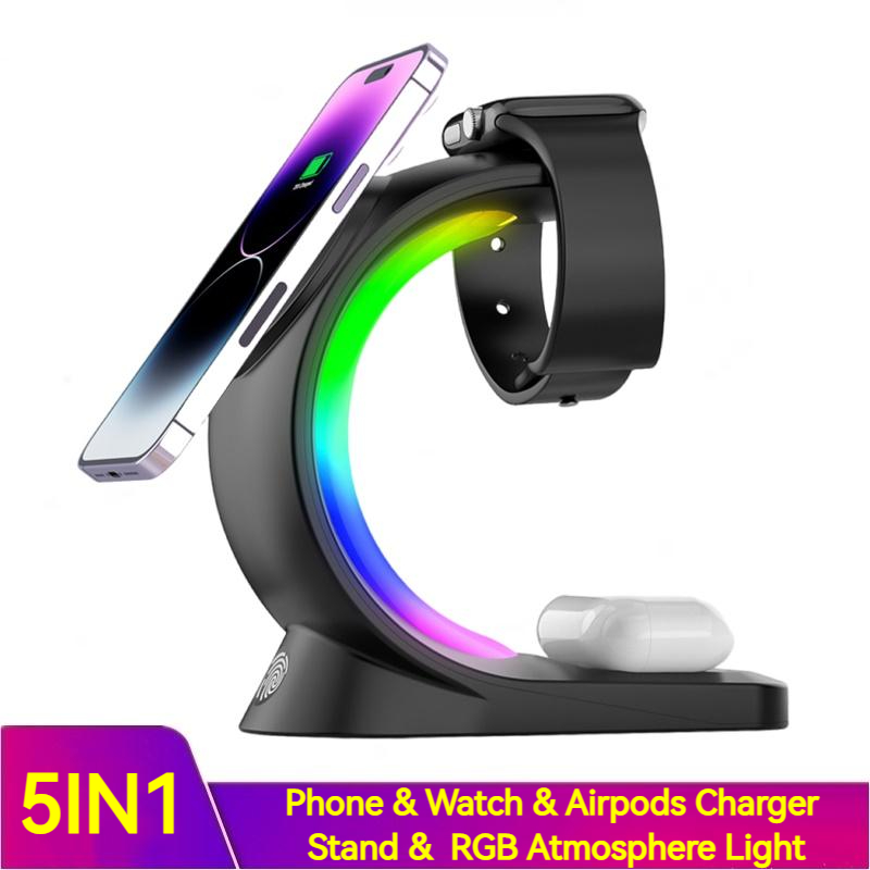 5 In 1 Magnetic Wireless Charger \, Fast Charging For Smart Phone, Airpods, Pro iPhone, Smart Watch with Night Light Effect